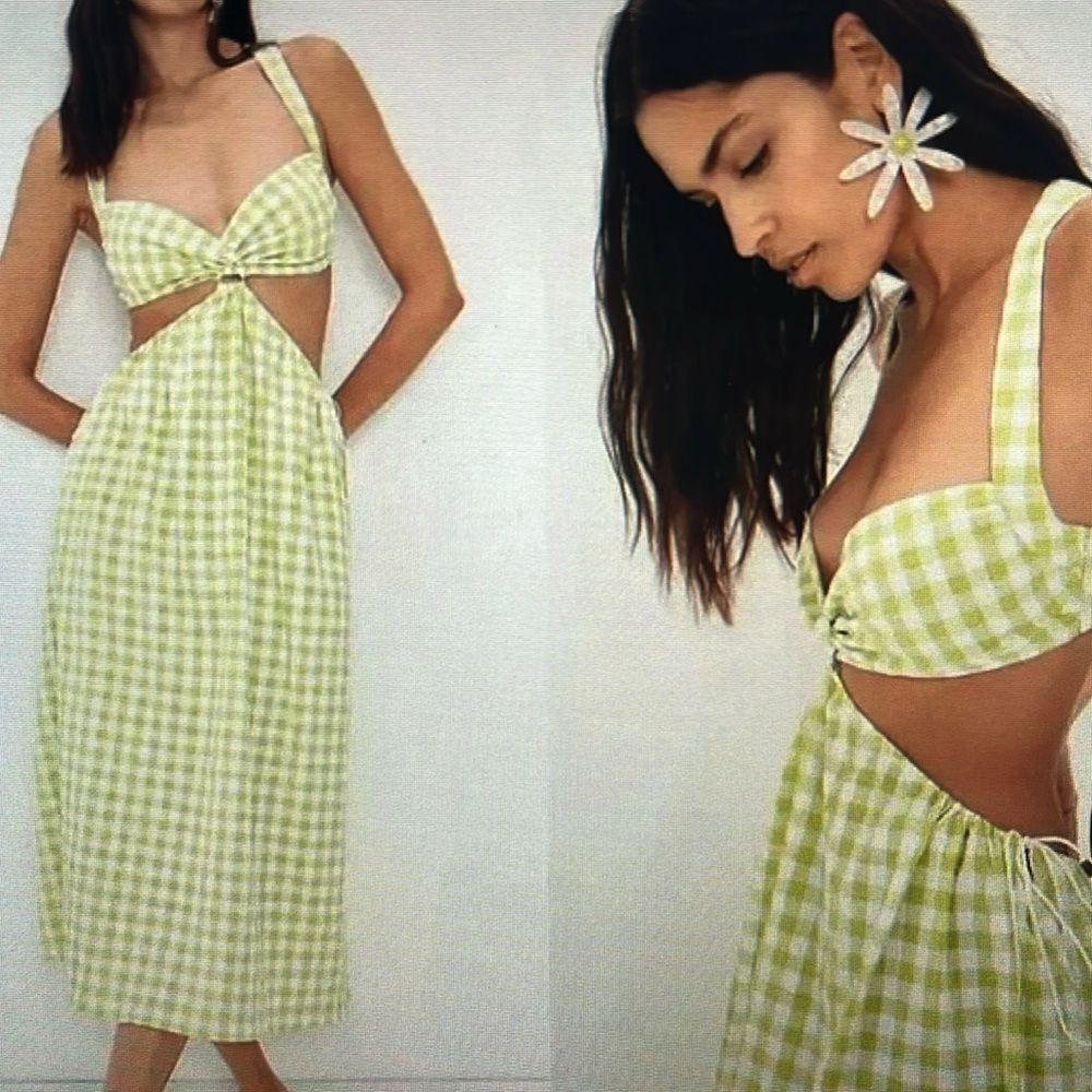 New!‎ FOR LOVE AND LEMONS Maureen Midi Gingham Dress Green White Size Medium